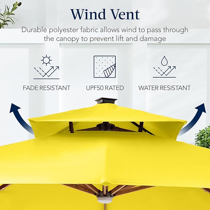 Best Choice Products 10ft Square Cantilever Patio Umbrella w/Base Included, Woodgrain Pattern Pole & Solar LED Lights, 360-Rotation, Offset Hanging Outdoor Shade