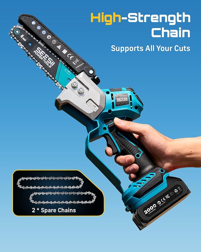 SEESII Brushless Mini Chainsaw 6 Inch, Handheld Saw with 2 * 2000 mAh Batteries, Cordless Chainsaw with Automatic Oiler, Compatible with Makita 18V Battery, Electric Saw for Tree Limb Branch Cutter