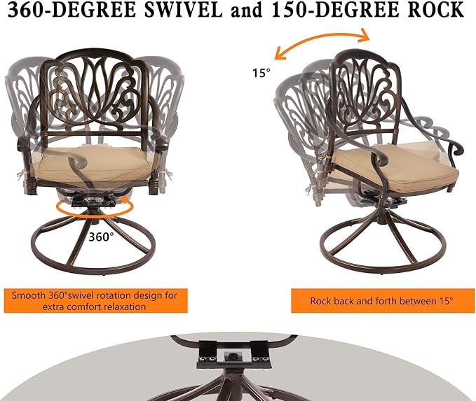 Grepatio 9 Piece Cast Aluminum Patio Furniture Set Outdoor Dining Set Bistro Furniture Set with 8 Swivel Chairs and Dining Table with Umbrella Hole, Cushions for Backyard Garden Poolside (Khaki)