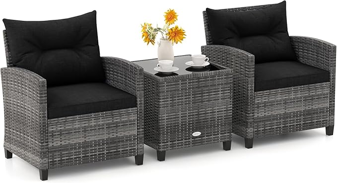 ORALNER Patio Furniture, 3 Pieces Outdoor Wicker Conversation Set Chairs with Soft Cushions and Glass Coffee Table, Rattan Bistro Set for Balcony Garden Deck Front Porch Poolside (Black)