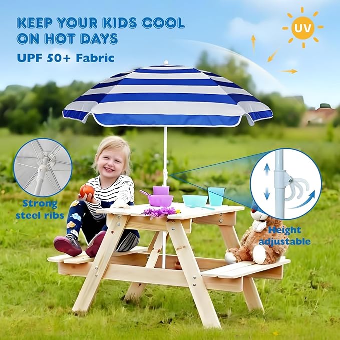 AMMSUN 5ft Seaside Umbrella for Sand and Water Table Sand Box - Kids Durable Umbrellas for children Beach Camping Garden Outdoor Play Shade (5ft Blue White)