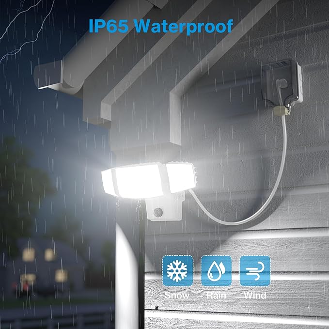 Olafus 80W Plug in Flood Lights Dusk to Dawn Outdoor Lighting, 8000LM Exterior LED Security Light with Remote, IP65 Waterproof, 6500K 3 Adjustable Heads Photocell Light for Yard, Garage, White