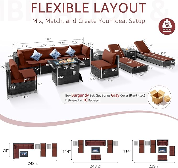 NICESOUL 11 Piece Outdoor Conversation Set with Firepit Propane/Gas, 29.3'' High Back Comfortable Patio Furniture Set w/Chaise Lounger, Large Deep Couches for Outside, 2 Color Cushion Burgundy & Gray