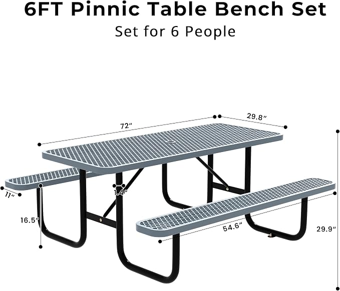 6FT Rectangular Steel Outdoor Picnic Table, Commercial Picnic Table Bench Set with Umbrella Hole, Weather-Resistant Heavy Duty School Dining Table for Stores, Park, Patio, Garden, Backyard, Grey