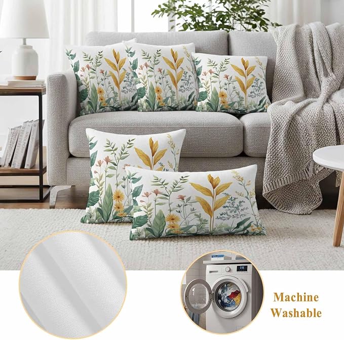 Outdoor Pillow Covers 26x26 Set of 2, Yellow Green Botanical Waterproof Patio Throw Pillow Covers for Couch Sofa Chair, Rustic Watercolor Leaves Decorative Pillowcases for Throw Pillows