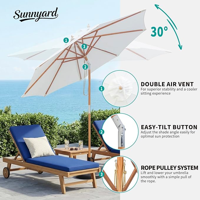 9FT/10FT Bamboo Patio Umbrella, Large Outdoor Umbrella with UPF 50+ Sun Protection, Rope Pulley Lift & Push-Button Tilt, 8-Rib Ventilated Canopy for Garden, Deck, Backyard & Outdoor Dining