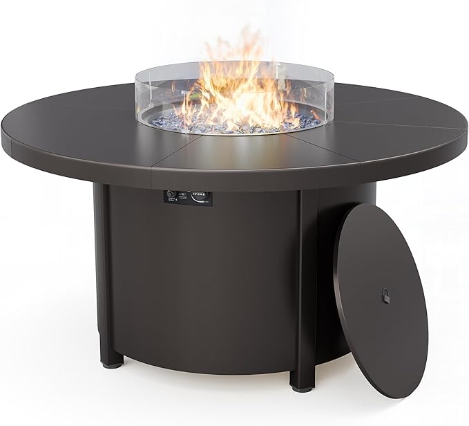 ALAULM 7-Piece Outdoor Dining Set for 6 Metal Outdoor Patio Furniture with 6 Swivel Chairs & 40000 BTU Round Fire Pit Table for Patio, Backyard, Garden-Sand