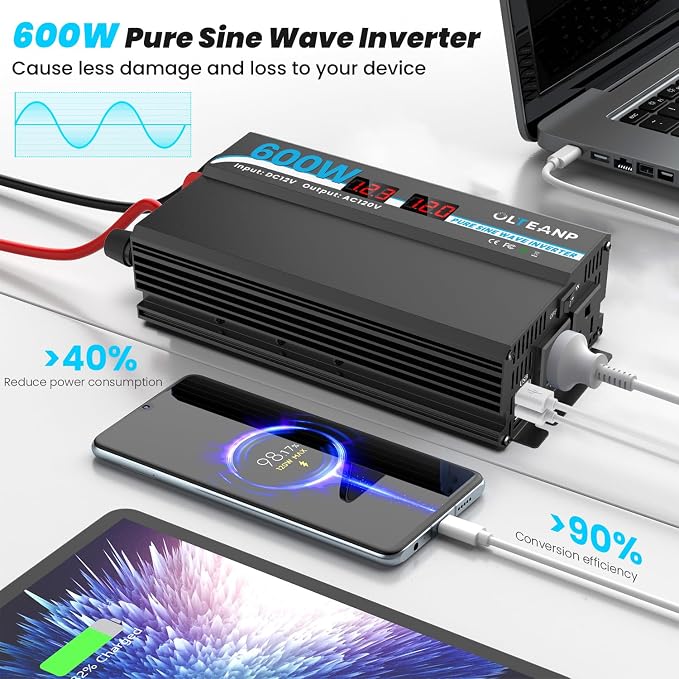 OLTEANP 600W Power Inverter Pure Sine Wave Inverter 12V DC to 120V AC Converter for Car, Truck, Home, Vehicles, Laptop, Car Inverter 12V to 110V with 2 AC Outlets, 2 USB Ports, LCD Display