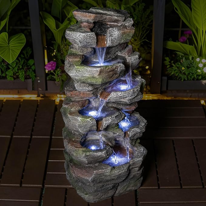 23.6" Water Fountain Outdoor with LED Lights, Rock Style Waterfall Fountains with Pump, Floor-Standing Resin Water Feature for Garden Patio Backyard Deck Porch Home Decor (Grey-23.6" H Rock)
