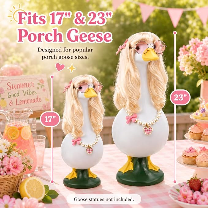 Porch Goose Summer Outfits Wigs Blonde 1 Pack Summer Outfits for Porch Goose with Blonde Long Wigs Princess Style Outdoor Decor for Lawn Goose Statues