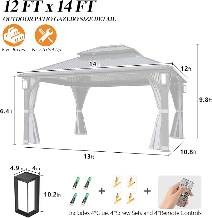 GARTOO 12'x14' Outdoor Hardtop Gazebo with Double Roof - Heavy-Duty Galvanized Steel Top Aluminum Frame Gazebowith Solar LED Light, Breathable Netting & Privacy Curtain for Patio,Garden, Backyard