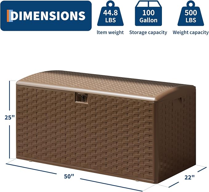 Takywep 100 Gallon Outdoor Storage Box, Waterproof Resin Deck Box with Lockable Lid, UV-Resistant Storage Bench for Patio Cushions, Garden Tools, Outdoor Furniture & Package Delivery Brown