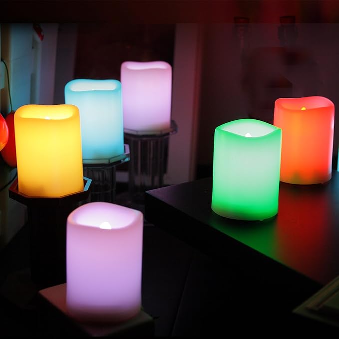 CANDLE CHOICE Color Changing Battery Operated Flameless Votive Candles with Remote Timer Realistic Flickering Fake Electric Multicolor LED Lights for Wedding Christmas Decorations Battery Incl. 6 Pack