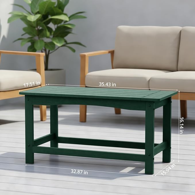 Green Outdoor Coffee Table for Patio 35.4 x 17.5 x 16.1 Poly Lumber | 250 lb All-Weather HIPS Rectangle Patio Table, Stainless Steel Hardware, 1-Year Warranty for Deck Garden Porch Backyard