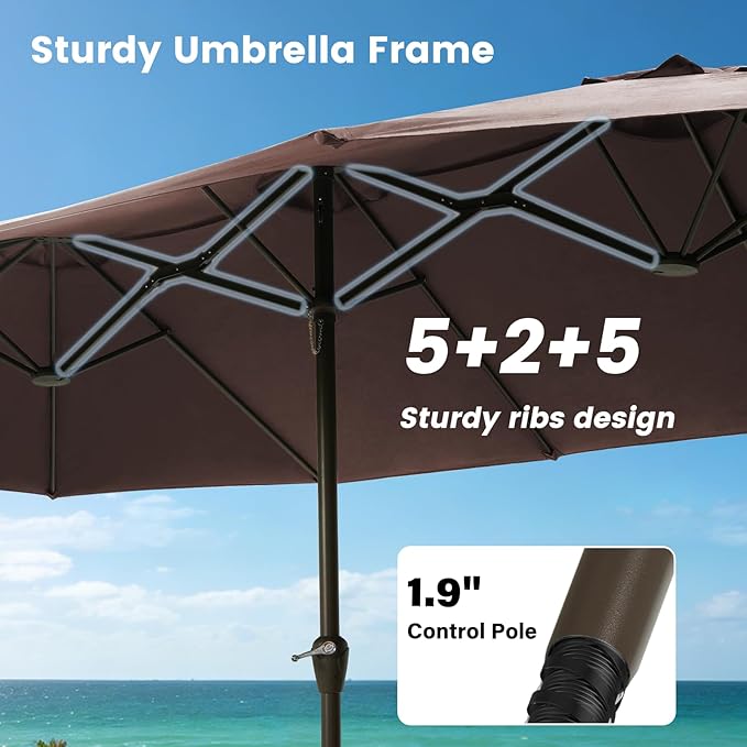 15FT Large Patio Umbrellas with Base Included, Outdoor Double-Sided Rectangle Big Market Umbrella with Stand, Outside Umbrellas for Poolside Lawn Backyard,Brown