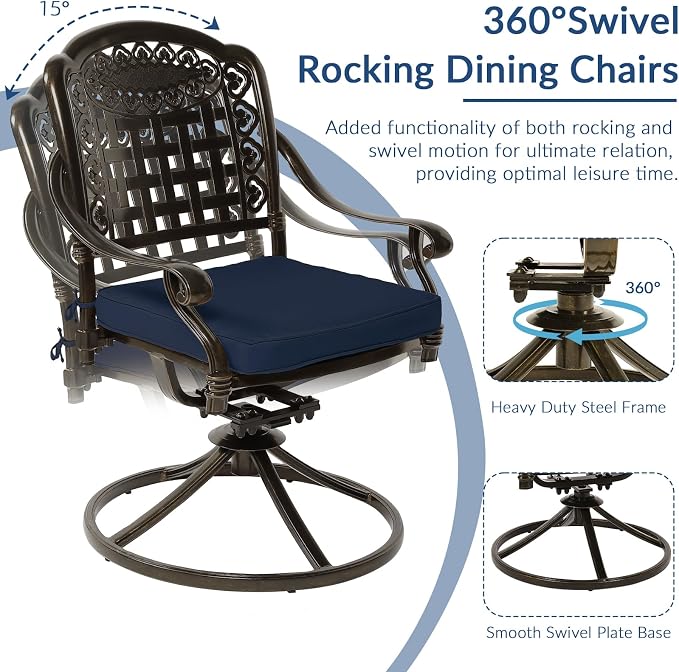 9-Piece Patio Cast Aluminum Dining Set, Outdoor Dining Furniture Set for 8 Person, Includes 8 Swivel Dining Chairs and 61" Round Dining Table w/ 31" Lazy Susan, Umbrella Hole, Navy Blue
