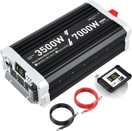 3500 watt Pure sine Wave Inverter, 24V DC to 110V AC Power Inverter, with 3 AC Output sockets, USB Port, Type-C Port, Remote Control with LCD Screen, Used for Solar Emergency Power Supply in RV Homes