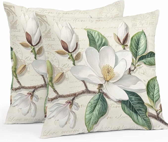 Retro Flowers Waterproof Outdoor Pillow Covers Set of 2 Home Decor, Farmhouse Leaf Branch Green Plants Pillowcase Patio Pillow Covers for Couch Bench Furniture Garden 24x24in