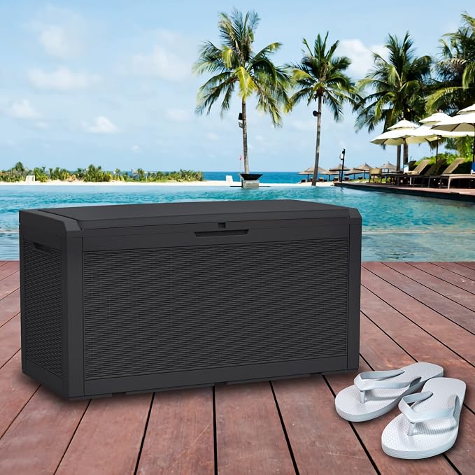 Modern-Depo 100 Gallon Deck Box Waterproof Outdoor Storage Bench | ‎Polypropylene(PP) Pool Towel Storage Bin Porch Delivery Box with Seat Cushion, Black