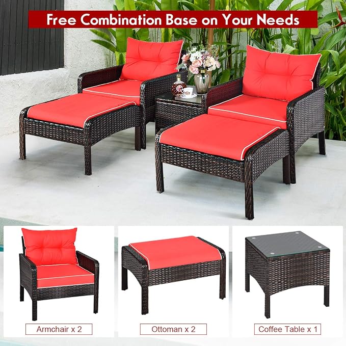 COSTWAY 5 PCS Patio Rattan Furniture Set, Outdoor Cushioned Sofa with Ottomans and Coffee Table, Wicker Conversation Set for Backyard Porch Lawn Poolsid, Red