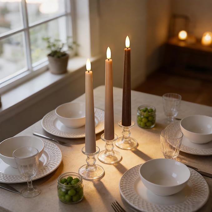 Brown Flameless Taper Candles with Remote, 9.6 Inches Real Wax Battery Operated Candles, 3 Pack Flickering LED Candlesticks, Tall Taper Fake Candles for Home, Wedding, Party