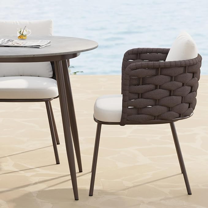 LOVEDIMA 70.9'' Patio Table and Chairs Set,7 Pieces Patio Furniture Set Outdoor Sintered Stone Top Dining Table Set with Rope Woven Armchairs for 6,Gray & Brown