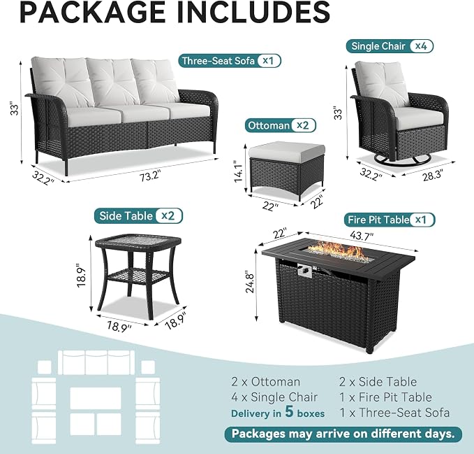 LazySunsets 12 Piece Outdoor Patio Furniture Set with 44'' Fire Pit Table, Wicker Rattan Outdoor Furniture with High Back Swivel Rocker Chairs, Outdoor Sofa Set with Thick Cushions & Ottoman, Beige