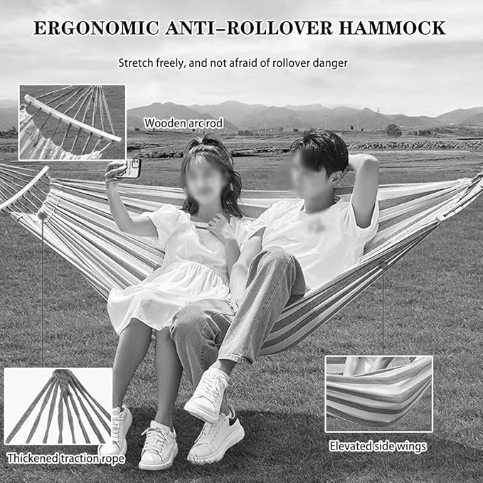 Anti-Rollover Double Hammock for Yard, Portable Compact Canvas Hanging Bed for Outdoor, Leisure/Relaxation, Load Bearing 350kg/771.6lbs(Beige)