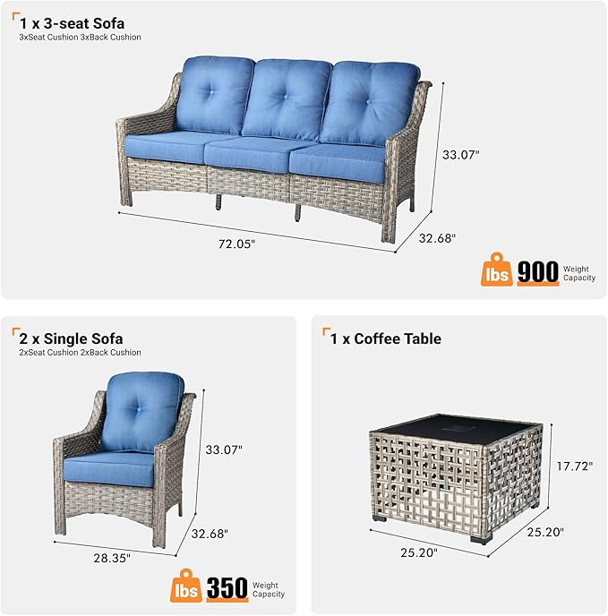 ovios 4 Piece Outdoor Patio Furniture with 3 Seat Sofa,Rattan Wicker Coversation Set with High Back,Sectional Single Sofa with Ottoman for Outside Porch Balcony Backyard Pool, Blue