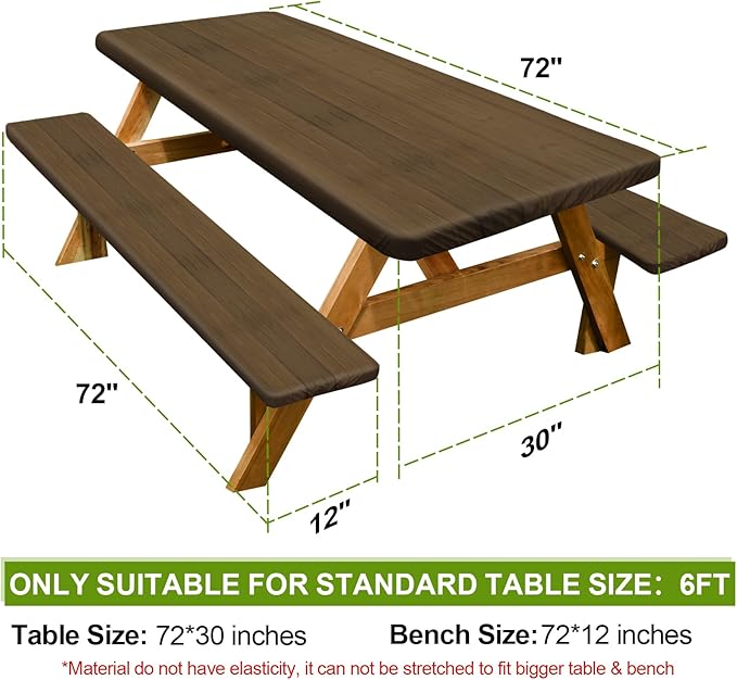 Play Tailor Picnic Table Cover with Bench Covers Camping Essentials Waterproof Windproof Camping Tablecloth with Drawstring Bag, Fitted Rectangle Tables and Seats, 72in, Dark Brown