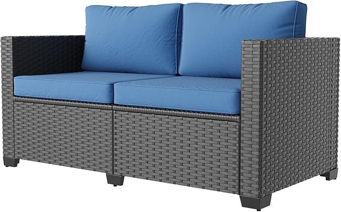 Aoxun 1 Piece Loveseats Patio Furniture Set, Wicker Outdoor Furniture Conversation Set with 4" Thick Cushions for Deck Yard and Poolside Navy Blue