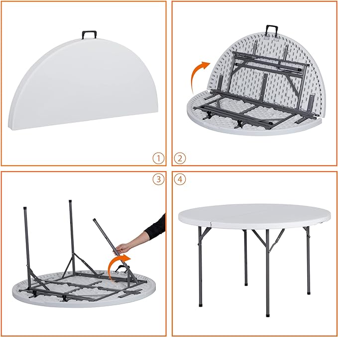 48" Round Folding Table Plastic Card Table Circle Dining Table Heavy Duty Portable w/Handle for Picnic Party Camping Dining Wedding Event Indoor Outdoor Lightweight White