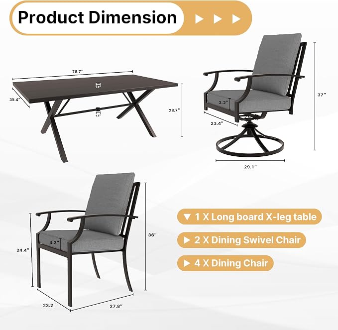 Gotland 7 Piece Outdoor Dining Set, Metal Outdoor Table and Swivel Chairs with X-Shaped Legs 1.5" Umbrella Hole, Patio Furniture Set with Waterproof Cushions, Patio Dining Sets for Backyard Deck Gray