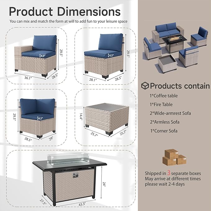 7-Piece Outdoor Patio Furniture Set with Fire Pit, Modular Sectional Sofa Set with Glass Coffee Table and Cushions, Wicker Outdoor Couch Conversation Sets, Blue