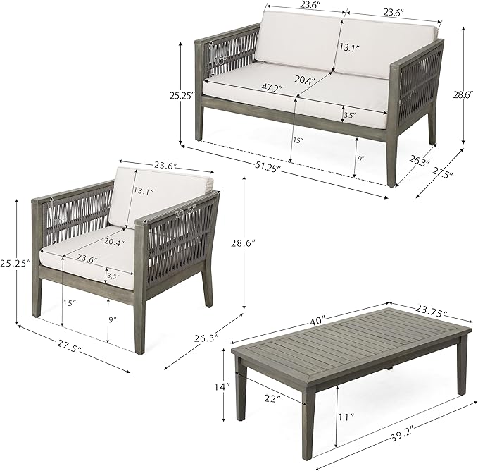 Christopher Knight Home Outdoor Acacia Wood Patio Set, 4-Pieces Patio Conversation Set, Outdoor Furniture with Coffee Table, Patio Deep Seating with Cushion, Porch Chairs for Garden, Grey+Beige