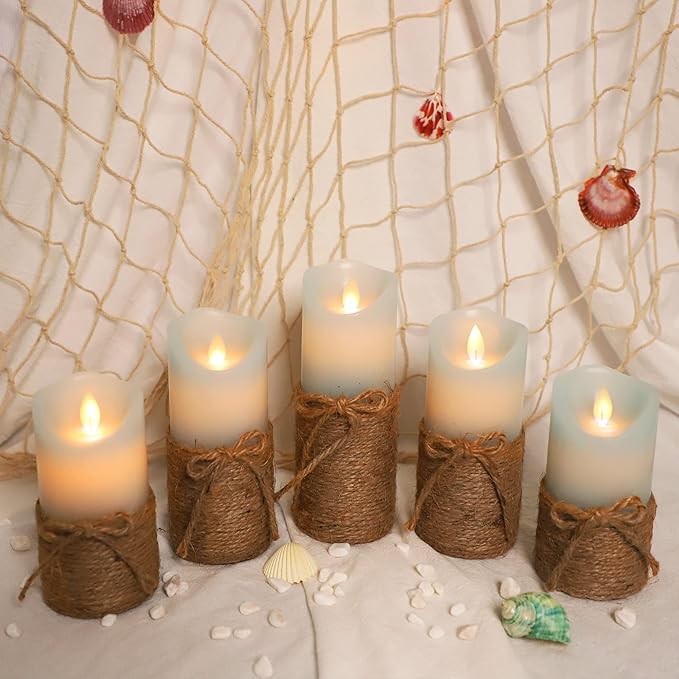 Flickering Flameless Candles, Battery Candles with Remote & Timer, Blue Led Pillar Candles for Ocean Decor, Beach Decorations, Party - Set of 5