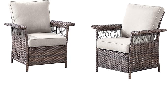 Outdoor Patio Chairs Wicker Chair - 2 Piece Rattan Patio Furniture Chairs Set with Sturdy Frame,All-Weather PE Wicker and Comfortable Cushions for Outside Porch Deck Balcony(Brown/Beige)