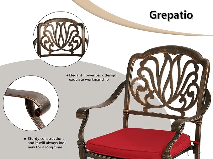 Grepatio 5 Piece Cast Aluminum Patio Dining Set Outdoor Furniture Set Patio Garden Set with 4 Ding Chairs, 4 Cushions and 35.4" Square Patio Table 2.4" Umbrella Hole, Antique Bronze (Red)