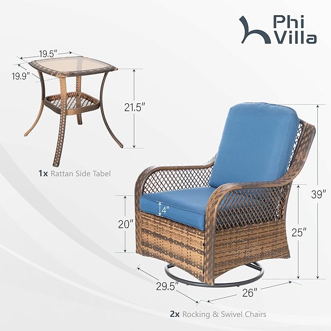 PHI VILLA Oversized Outdoor Wicker Patio Furniture Set 3 Piece, 2 Rattan Swivel Rocker Patio Chairs Large Oversized Deep Seating Group with Navy Blue Cushions & Side Table