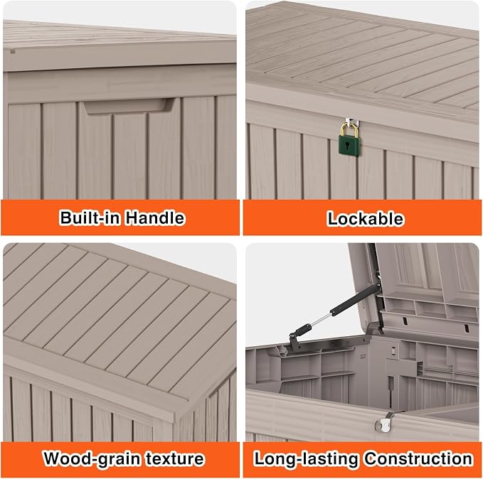 Outdoor Storage Box 180GAL Waterproof Resin Deck Box,UV-Resistant Lockable Package Delivery Bin for Garden Tools,Large Patio Outside Cushions,Pool Accessories Supplies,Chest,Light Coffee