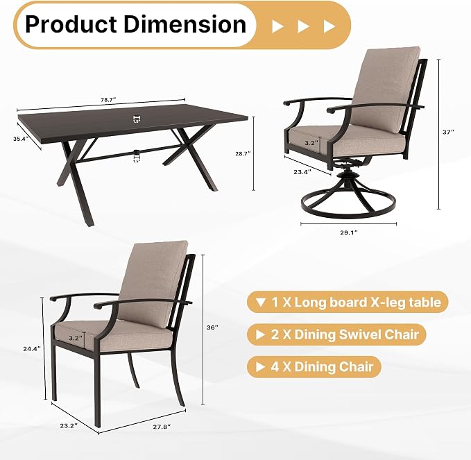 Gotland 7 Piece Outdoor Dining Set, Metal Outdoor Table and Swivel Chairs with X-Shaped Legs 1.5" Umbrella Hole, Patio Furniture Set with Waterproof Cushions, Patio Dining Sets for Backyard Deck Khaki