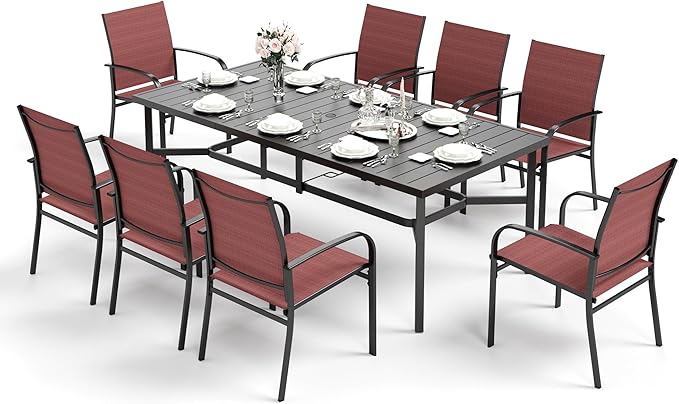 HERA'S HOUSE 9 Pieces Patio Dining Set, Outdoor Metal Table and Chairs Set for 8, 83" Rectangular Table with 1.71" Umbrella Hole, 8 x Textilane Patio Dining Chairs for Lawn Garden Backyard Deck