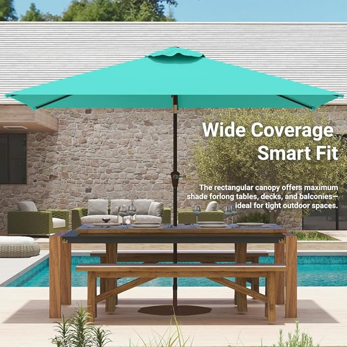 6.5' x 10' Rectangular Patio Umbrella Large Outdoor Market Umbrella w/ UV Protection, Push Button Tilt and Crank Lift, Rectangle Table Umbrella for Garden, Deck, Pool, Patio, Turquoise Blue