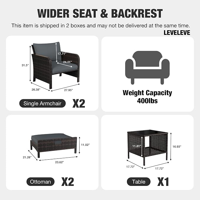 LEVELEVE Patio Conversation Set 5 Piece, Balcony Furniture Outdoor PE Rattan Wicker Lounge Chairs with Soft Cushions, 2 Ottomans & Glass Table for Porch Lawn, Brown (Dark Grey Cushions