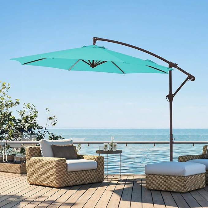 10FT Patio Umbrella, Outdoor Offset Cantilever Umbrella with Sturdy 8 Ribs and Reinforced Base, Easy Tilt Adjustment for Backyard Pool Garden,Peacock Blue