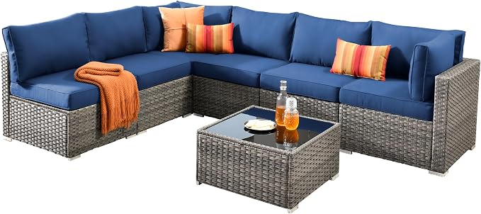 Wreaxty 7 Pieces Outdoor Patio Furniture Set,Wicker Sectional Sofa Couch with Thicken Cushion and Glass Coffee Table,All Weather Rattan Patio Conversation Sets for Porch,Poolside,Backyard,Navy Blue