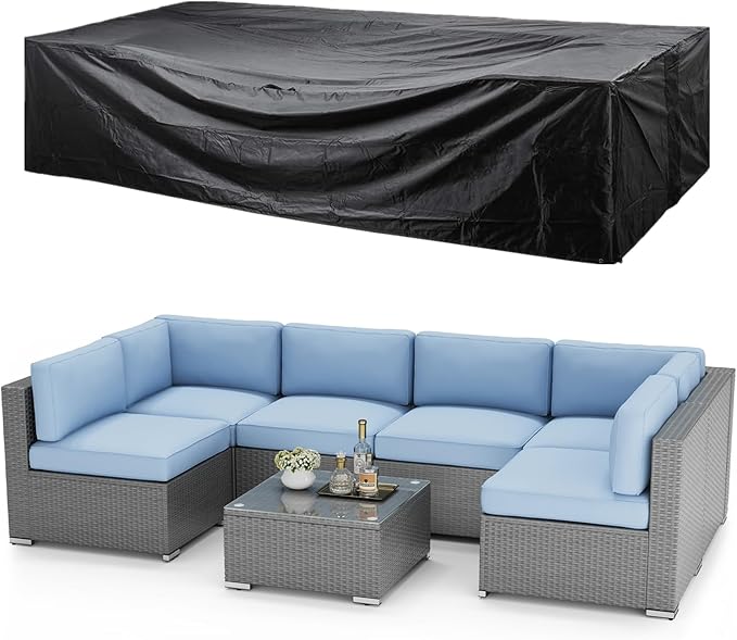 SUNCROWN Outdoor Patio Furniture Set 7 Piece Outdoor Sectional Sofa Grey Wicker Conversation Sofa Set with Coffee Table, Cushions and A Waterproof Cover, Backyard, Garden, Poolside, (Light Blue)
