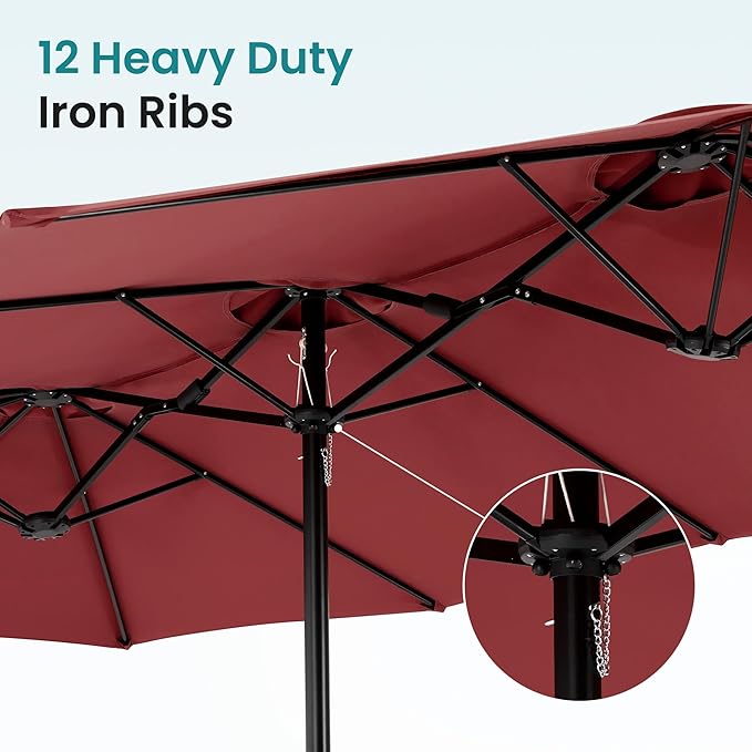 DUMOS 15FT Extra Large Patio Umbrella with Base Included, Rectangle Table Umbrella Outdoor Patio, 12 Sturdy Ribs Triple Head Canopy Outside Umbrellas for Deck, Backyard and Poolside,Wine Red
