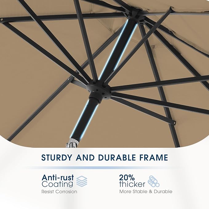 wikiwiki 10 FT Patio Umbrellas Outdoor Table Market Umbrella with Push Button Tilt/Crank, 8 Sturdy Ribs, Fade Resistant Waterproof POLYESTER DTY Canopy for Garden, Lawn, Deck, Backyard & Pool, Tan