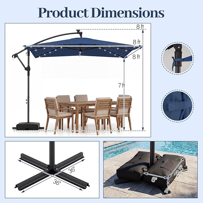 Tangkula 8x8 FT Solar Patio Umbrella with Base Included, Square Offset Cantilever Outdoor Umbrella with 360 Degree Rotation, 32 LED Lights, Crank Handle, 2 Sandbags, 8 Ribs, Air Vent for Pool Deck Garden Backyard